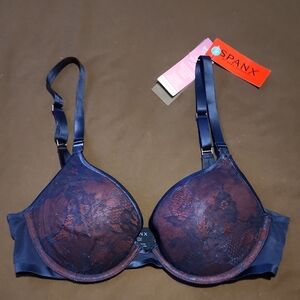 SPANX Deep Blue/maroon Pillow Cup Lace Bra. 34C NWT Push Up Plunge